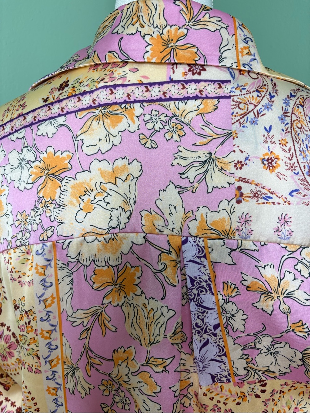 Zara Patchwork Floral Satin Button-Down Shirt - Pink, Cream, Lavender, Gold - Picture 5 of 10